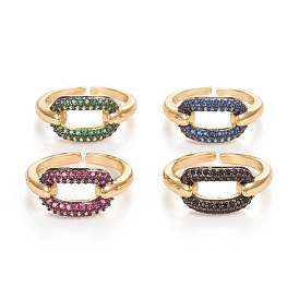 Brass Micro Pave Cubic Zirconia Cuff Rings, Open Rings, Long-Lasting Plated, Oval, Golden