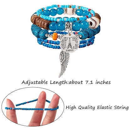 5pcs 5 bracelets extensibles en perles de bois et de verre de style pcs et acrylique avec baseball, bracelets empilables bohèmes avec des ailes en alliage et des paires de charme pour les femmes