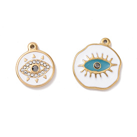 304 Stainless Steel Pendants, with Rhinestone and Enamel, Flat Round with Horse Eye, Golden