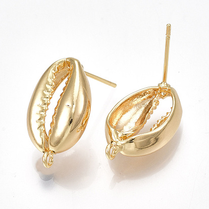 Brass Stud Earring Findings, with Loop, Cowrie Shells Shape, Nickel Free