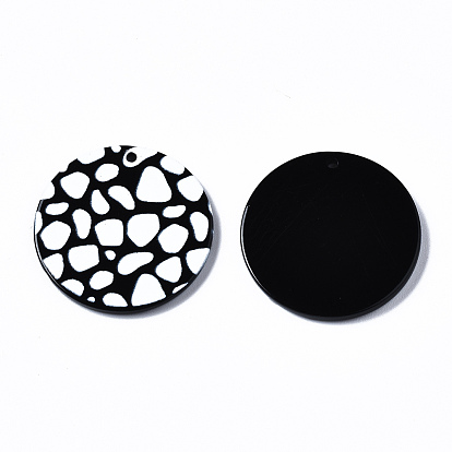 3D Printed Acrylic Pendants, Flat Round with Wave Point Pattern, Black and White