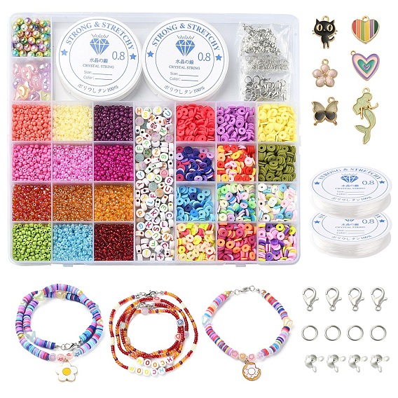 Kit de fabrication de collier de bracelet de bricolage, y compris perle d'imitation et lumineuse et lettre acrylique et graine de verre et perles de disque d'argile polymère, pendentifs en alliage coeur et sirène et papillon et fleur