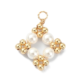 Shell Pearl Pendants with Brass Round Beads, Rhombus Charms