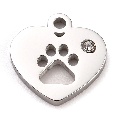 304 Stainless Steel Charms, Manual Polishing, with Crystal Rhinestone, Heart with Dog Paw Printed