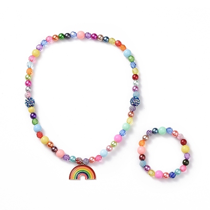 Rainbow Theme Bracelets & Necklaces Sets for Kids, Acrylic Beaded Stretch Bracelets & Alloy Enamel Pendant Necklaces