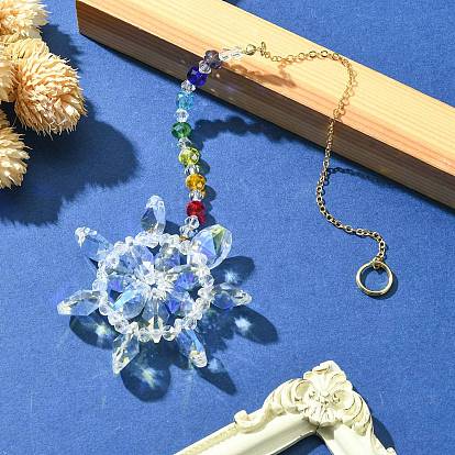 Flower Faceted Glass Pendant Decoration, with Brass Cable Chains and 304 Stainless Steel Jump Rings, for Home Decoration