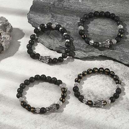 4 pcs 4 style om mani padme hum mala ensemble de bracelets de perles, Bracelets extensibles en perles de lave naturelle et obsidienne et alliage de dragon pour femmes