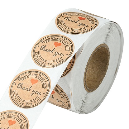 Kraft Paper Thank You Sticker Rolls, Round Dot Self Adhesive Decals, for Envelope, Gift Bag, Card Sealing