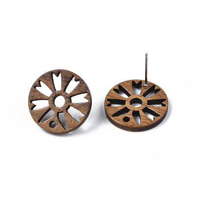 Walnut Wood Stud Earring Findings, with 316 Stainless Steel Pin and Hole, Flat Round with Flower