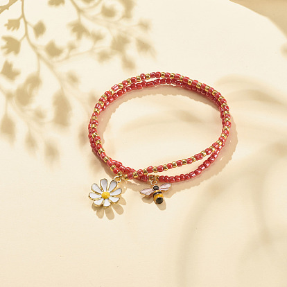 2Pcs Glass Seed Beaded Stretch Bracelets Set, Alloy Enamel Bees & Flower Charm Bracelet for Women
