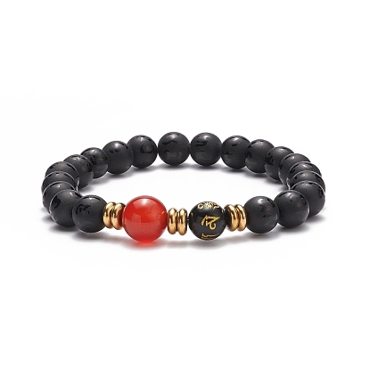 Om Mani Padme Hum Mala Beads Bracelet, Natural Agate & Red Agate Carnelian & Obsidian Beaded Stretch Bracelet, Gemstone Jewelry for Women