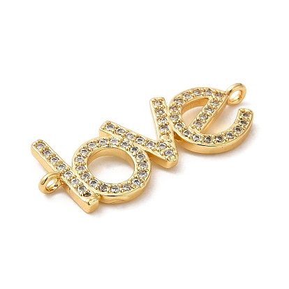 Rack Plating Brass Micro Pave Clear Cubic Zirconia Connector Charms, Word Love Links, Long-Lasting Plated, Lead Free & Cadmium Free