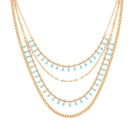 Stainless Steel Curb Chains Multi Layers Bib Necklaces, with Natural  Turquoise Charms