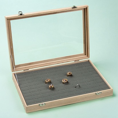 Cajas de presentación del anillo de madera, con vidrio, 100 caja de exhibición de almacenamiento de anillo de ranuras con tapa transparente, Rectángulo