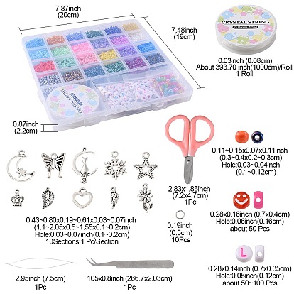 DIY Bracelet Making Kit, Including Glass Seed Round & Acrylic Flat Round with Heart Beads, Snowflake & Moon & Star & Crown Alloy Pendants, Scissors & Tweezers