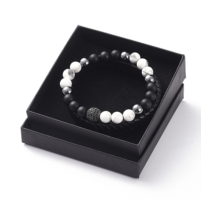 Unisex Stackable Bracelets Sets, Natural Gemstone Beads, Brass Cubic Zirconia Beads, Non-Magnetic Synthetic Hematite Beads, Leather Cord, 304 Stainless Steel Magnetic Clasps and Cardboard Box