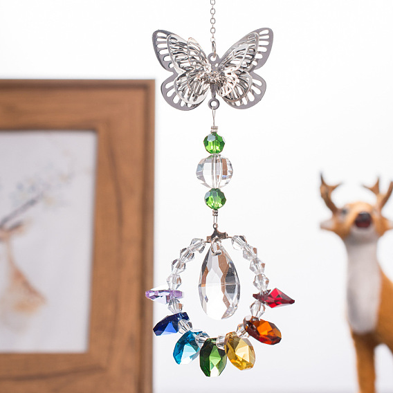 Cristal lágrima vidrio suncatchers prismas colgante decoraciones, candelabro de chakra adorno colgante para ventana sun catcher con mariposa