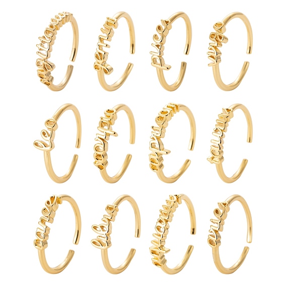 12Pcs 12 Style Brass Cuff Rings, Open Rings, Constellation Word
