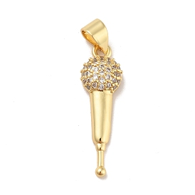Brass Micro Pave Cubic Zirconia Pendants, Cadmium Free & Lead Free, Long-Lasting Plated, Microphone, Clear