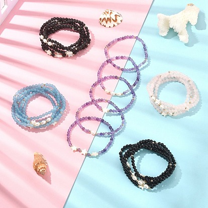 5Pcs 5 Style Natural & Synthetic Mixed Gemstone & Pearl & Shell Star Beaded Stretch Bracelets Set