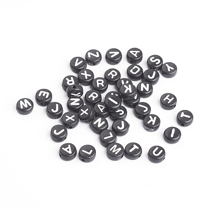 Acrylic Horizontal Hole Letter Beads, Mixed Letters A to Z, double-side pattern, Flat Round