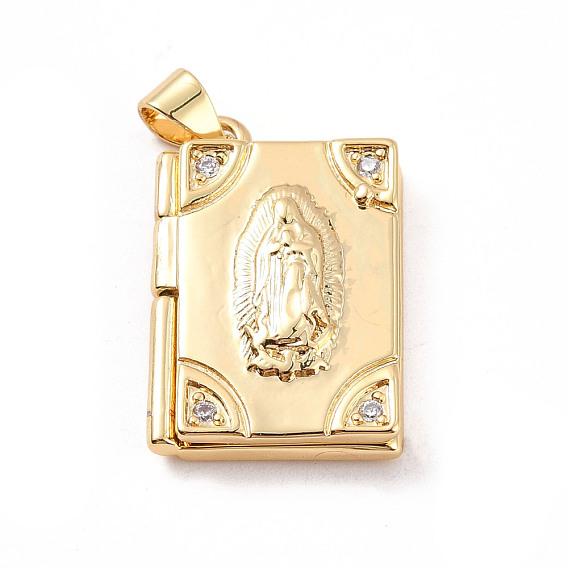 Rack Plating Brass Micro Pave Clear Cubic Zirconia Locket Pendants, Cadmium Free & Lead Free, Religion, Rectangle with Virgin Mary
