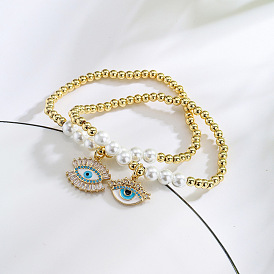 18 Bracelet en perles de cuivre oeil du diable plaqué or avec pierres de zircon pour femme