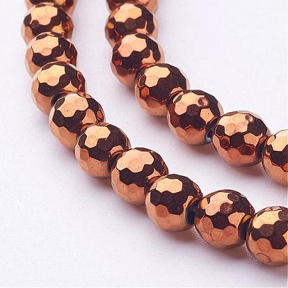 Non-magnétiques perles d'hématite synthétique brins, placage sous vide, facettes (128 facettes) rondes, plaquée de cuivre rouge