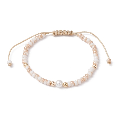 Glass & Shell Pearl Round Beads Braided Bead Bracelets, Adjustable Nylon Thread Bracelets for Women