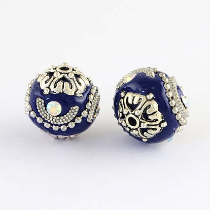Perles rondes indonésiennes manuelles, avec des strass et des noyaux en alliage, argent antique, 16~17x16~17mm, Trou: 1.5mm