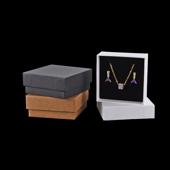 Cardboard Jewelry Set Box, for Ring, Earring, Necklace, with Sponge Inside, Square