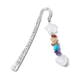 Marque-page pendentif en perles de pierre précieuse chakra avec étoile et cœur en acrylique pailleté, marque-pages à crochet en alliage de style tibétain à motif de fleurs