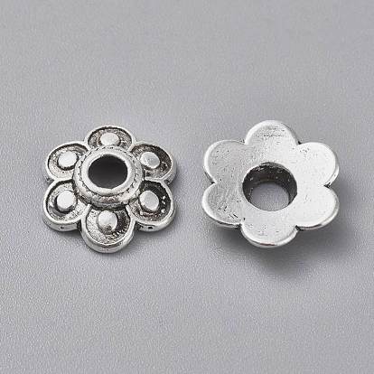 Tibetan Style Alloy Bead Caps, Cadmium Free & Lead Free, Flower, about 15mm in diameter, 3mm thick, hole: 4mm
