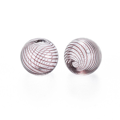 Transparent Handmade Blown Glass Globe Beads, Stripe Pattern, Round