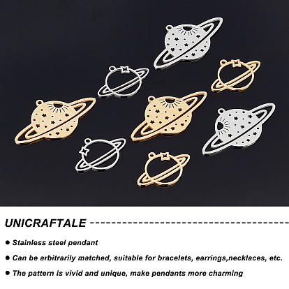 Unicraftale 8Pcs 4 Style Ion Plating(IP) 201 Stainless Steel Pendants, Laser Cut, Planet
