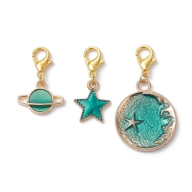 Planet/Star/Flat Round Alloy Enamel Pendant Decorations, with Alloy Lobster Claw Clasps
