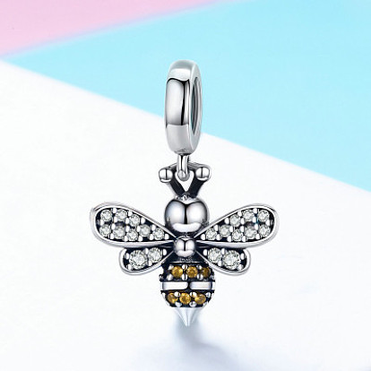 Thailand 925 Sterling Silver European Dangle Charms, Large Hole Pendants, with Cubic Zirconia, with 925 Stamp, Bees