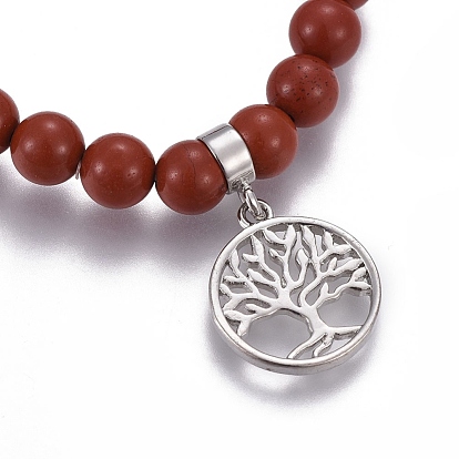 Bracelets de charme de pierre naturelle, avec les accessoires en laiton, plat et circulaire avec arbre de vie