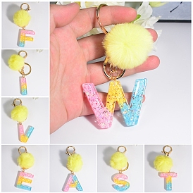 Resin Keychains, Pom Pom Ball Keychain, with KC Gold Tone Plated Iron Findings, Alphabet
