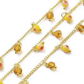 Real 18K Gold Plated Brass Curb Chains, with Glass & Lampwork Round Charms, Soldered, with Spool
