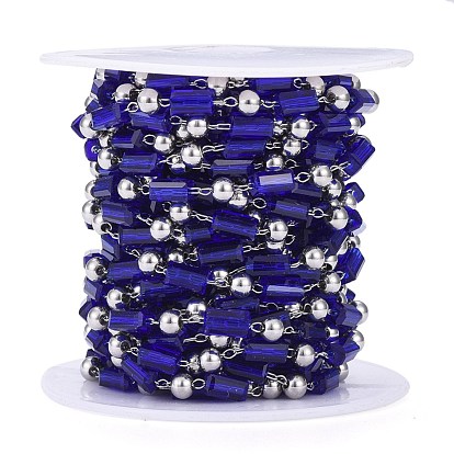 Handmade Glass Beaded Chains, Soldered, with Spool & 304 Stainless Steel Findings, Blue