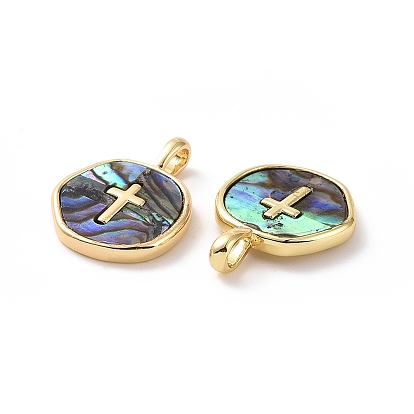 Natural Abalone Shell/Paua Shell Pendants, with Real 18K Gold Plated Brass Findings, Cadmium Free & Lead Free, Long-Lasting Plated, Flat Round Charm, Cross/Heart Pattern