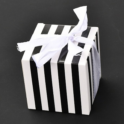 Square Foldable Creative Paper Gift Box, Stripe Pattern with Ribbon, Decorative Gift Box for Weddings