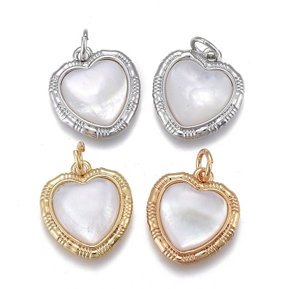 Natural Shell Pendants, with Brass Findings and Jump Rings, Long-Lasting Plated, Heart