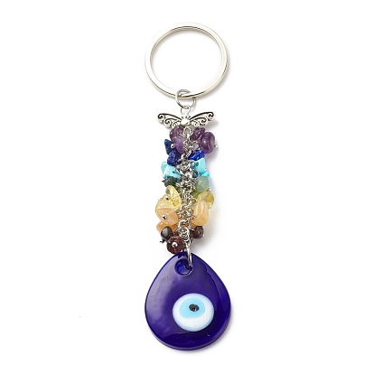 Natural & Synthetic Gemstone Beaded & Handmade Lampwork Pendants Keychain, with Brass, Iron, 304 Stainless Steel & Alloy Findings, Mix-shaped with Evil Eye