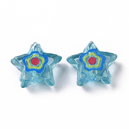 Printed Transparent Acrylic Beads, Star with Flower Pattern