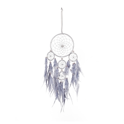 Toile/filet tissé en fer avec des décorations de pendentifs en plumes, avec des billes en plastique, recouvert d'un cordon en cuir, plat rond