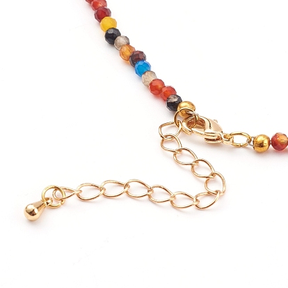 Faceted Natural Agate Beaded Necklaces, with Brass Lobster Claw Clasps, Round, Golden