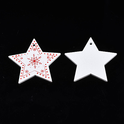 Christmas Theme Spray Painted Wood Pendants, Single-Sided Printed, Star with Snowflake