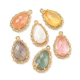 Gemstone Faceted Pendants, Rack Plating Brass Pave Clear Cubic Zirconia Teardrop Charms, Golden